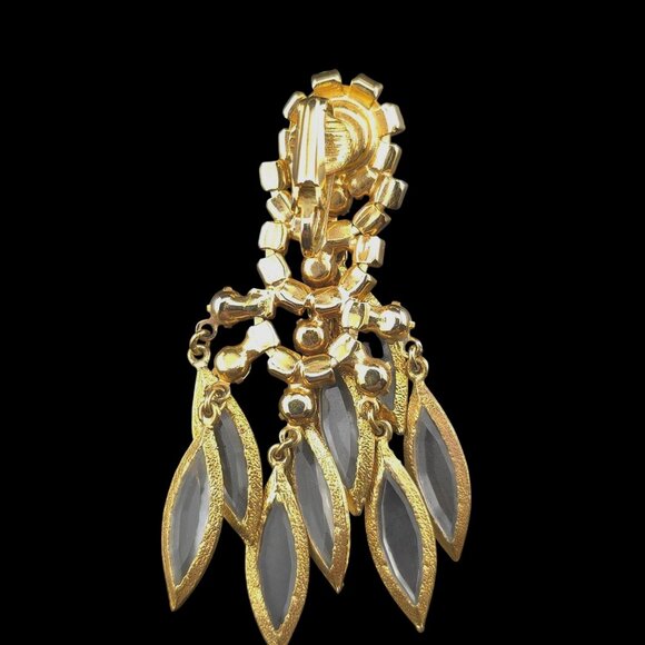 Runway Chandelier Gold-Tone Clip-On Earrings Clear Crystals & Dangle Leaf Charms - Picture 6 of 7